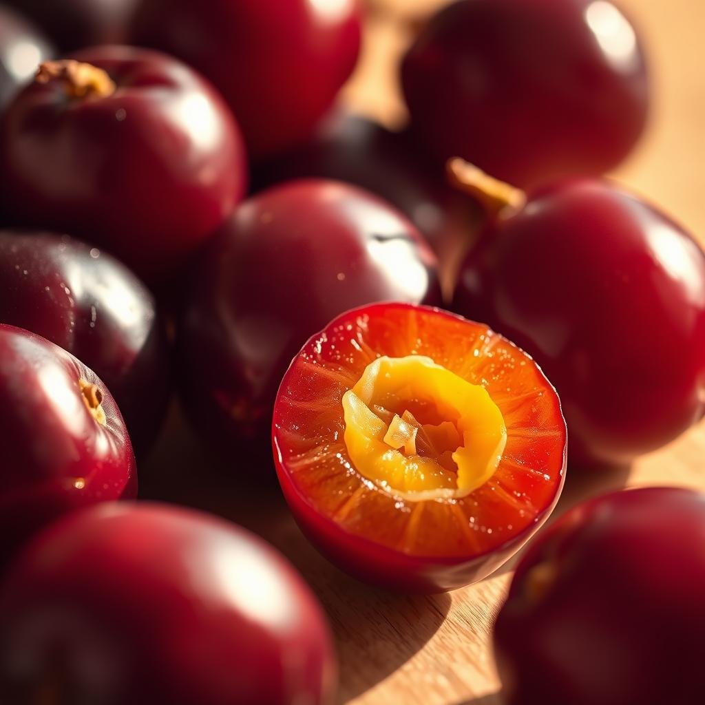 A beautifully lit, close-up photograph of several umeboshi plums, their deep purple-red skins glistening with a natural sheen. In the foreground, a single umeboshi plum is cut in half, revealing its vibrant yellow flesh and prominent stone. The background is a soft, blurred gradient, allowing the plums to be the central focus. The lighting is warm and natural, creating a calming, almost medicinal atmosphere. The image conveys the health benefits of umeboshi plums, such as their probiotic properties, high vitamin C content, and ability to aid digestion.