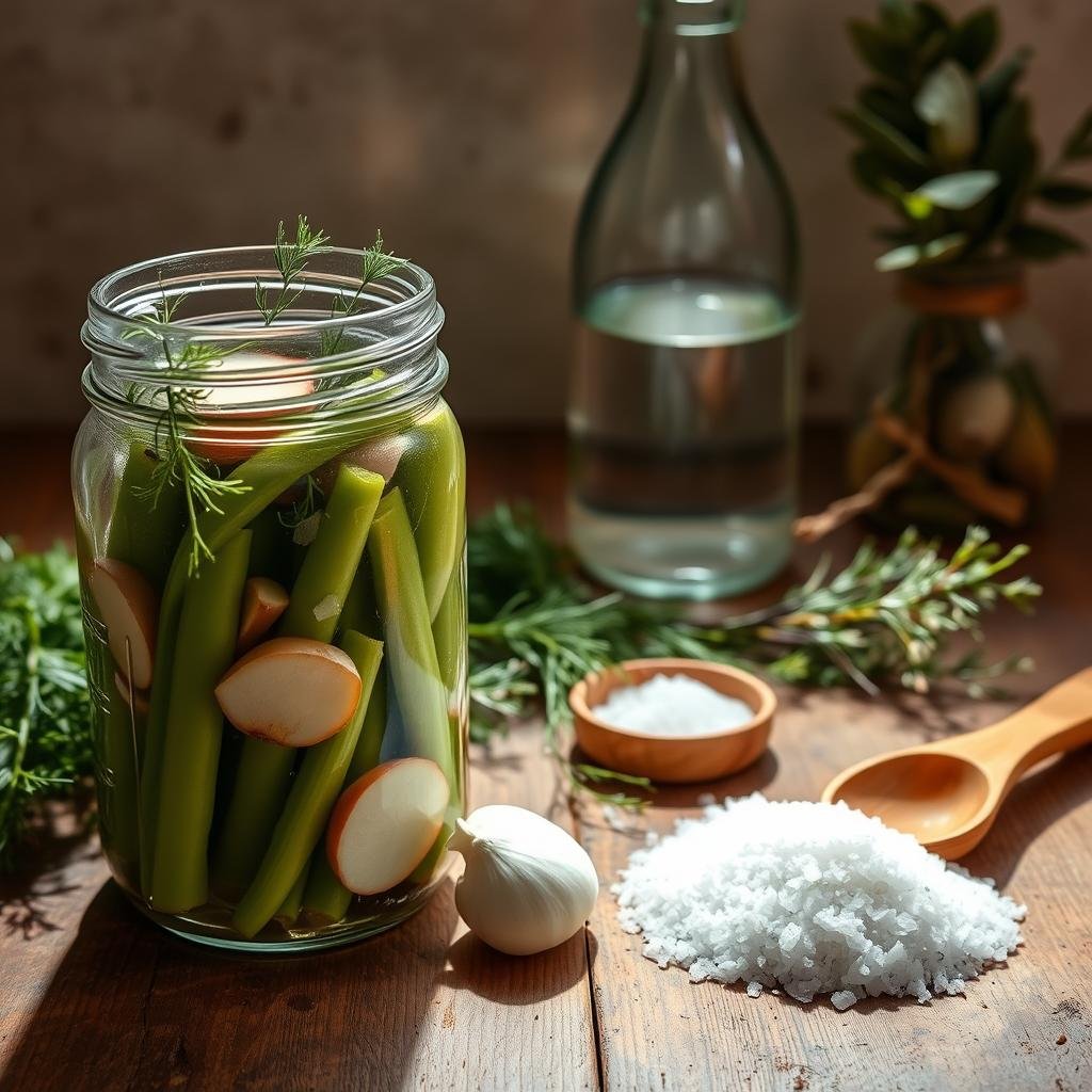 A beautifully lit still life of fermentation ingredients for green bean pickling, arranged on a rustic wooden table. In the foreground, a mason jar filled with fresh green beans, sliced garlic, and fragrant dill sprigs. In the middle ground, a small pile of crunchy sea salt crystals and a wooden spoon. In the background, a glass bottle of filtered water and a bundle of dried bay leaves. The scene is bathed in warm, natural light, with soft shadows creating depth and texture. The overall mood is one of simplicity, wholesomeness, and anticipation of the flavorful fermented goodness to come.