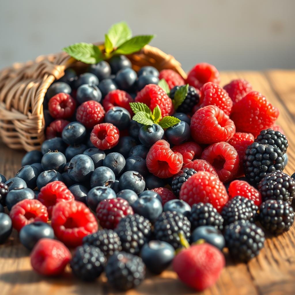 A bountiful assortment of fresh, ripe berries artfully arranged on a rustic wooden surface, bathed in soft, natural lighting. In the foreground, plump blueberries, juicy raspberries, and succulent blackberries spill out of a woven basket, their vibrant hues accentuated by the warm, golden tones. The middle ground features a scattering of individual berries, highlighting their unique textures and forms. In the background, a neutral, minimalist backdrop allows the berries to take center stage, creating a simple yet elegant composition that showcases the inherent beauty and nutritional richness of this probiotic-rich fruit.