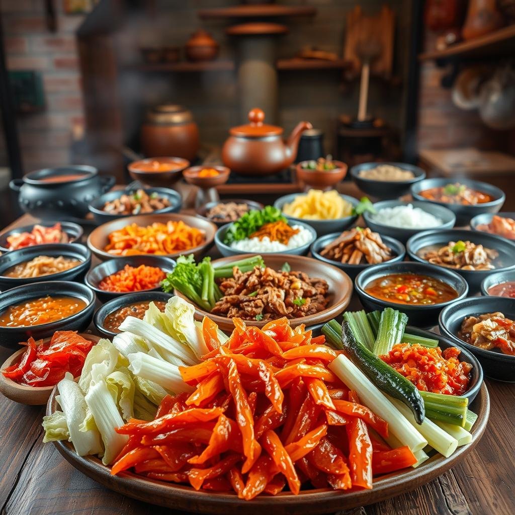 A bountiful spread of traditional Korean dishes set against a warm, inviting backdrop. In the foreground, an array of vibrant kimchi varieties - cabbage, radish, and cucumber - artfully arranged on a rustic wooden table. Surrounding them, steaming bowls of hearty stews, fragrant rice dishes, and grilled meats, all infused with the bold, tangy flavors of fermented kimchi. The middle ground features a glimpse of a traditional Korean kitchen, with clay pots and brass utensils hinting at the care and tradition behind these culinary creations. The background is softly lit, creating a cozy, intimate atmosphere that evokes the comforts of a Korean family meal. The overall scene exudes the harmony of flavors, textures, and cultural heritage that define the culinary uses of kimchi.