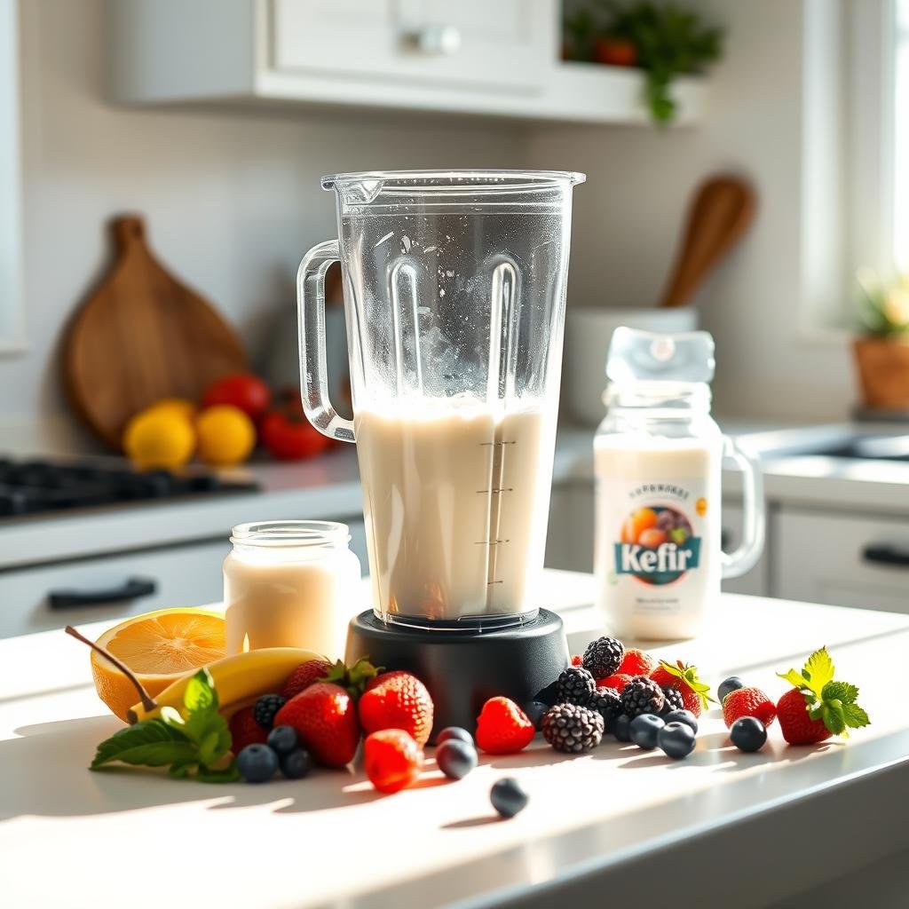 A bright, airy kitchen counter with a blender, fresh kefir, and an assortment of vibrant fruits and berries. The blender is filled with the kefir and fruit, ready to be blended into a creamy, nutrient-dense smoothie. Filtered sunlight streams in through a nearby window, casting a warm glow over the scene. Subtle shadows and highlights accentuate the textures of the ingredients, inviting the viewer to imagine the refreshing and gut-healthy beverage. The overall composition is clean, balanced, and visually appealing, capturing the essence of homemade kefir smoothie preparation.