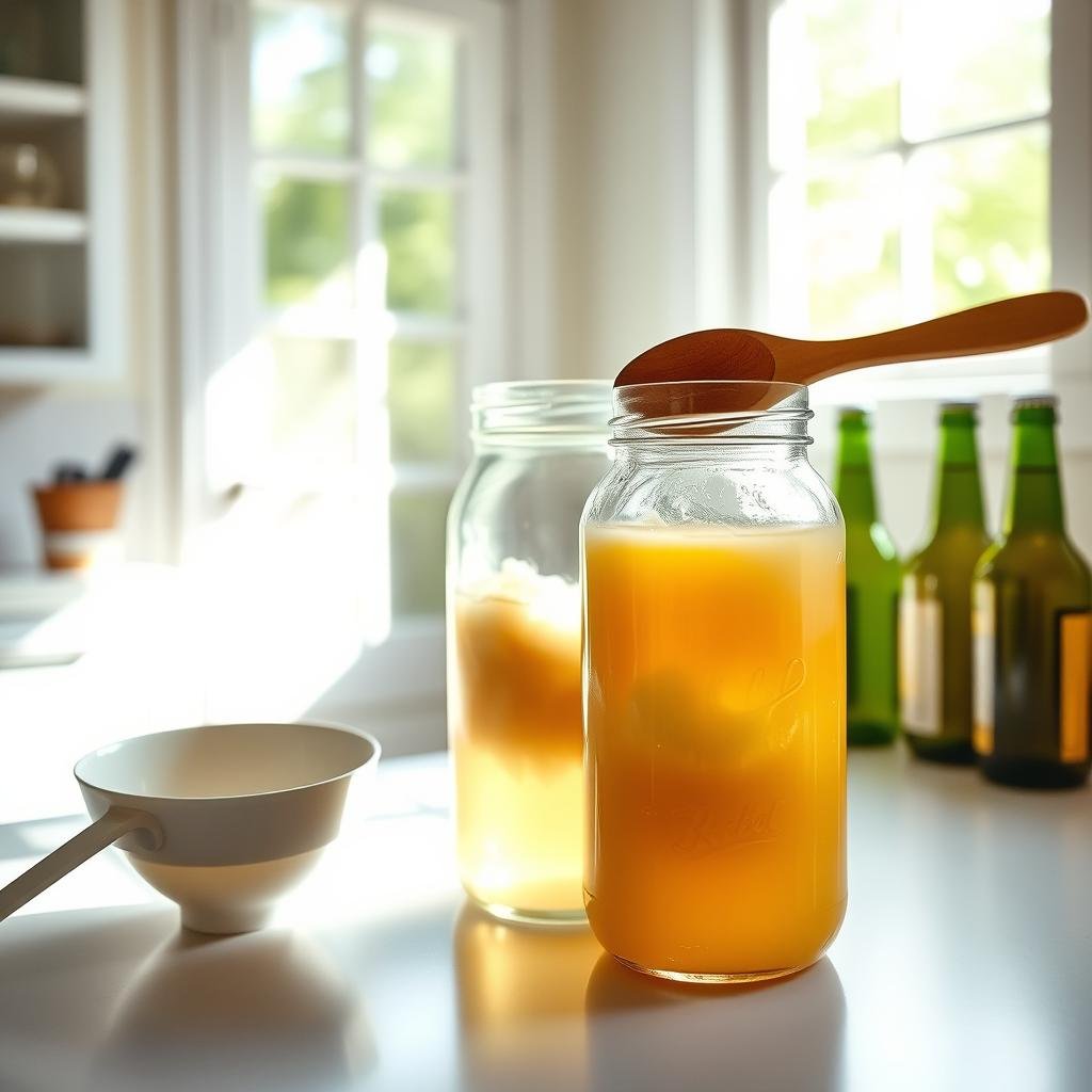 A bright, airy kitchen filled with natural light. On the countertop, a glass jar containing a SCOBY (Symbiotic Culture of Bacteria and Yeast) and a kombucha brew. Nearby, a funnel and bottles wait to be filled with the fermented liquid. The air is thick with the tangy, slightly sweet aroma of kombucha. A wooden spoon hovers over the jar, ready to stir the mixture. The overall scene conveys a sense of calm, focused, and methodical preparation - the second fermentation stage where the kombucha is bottled, ready to develop its distinctive fizz and flavor.