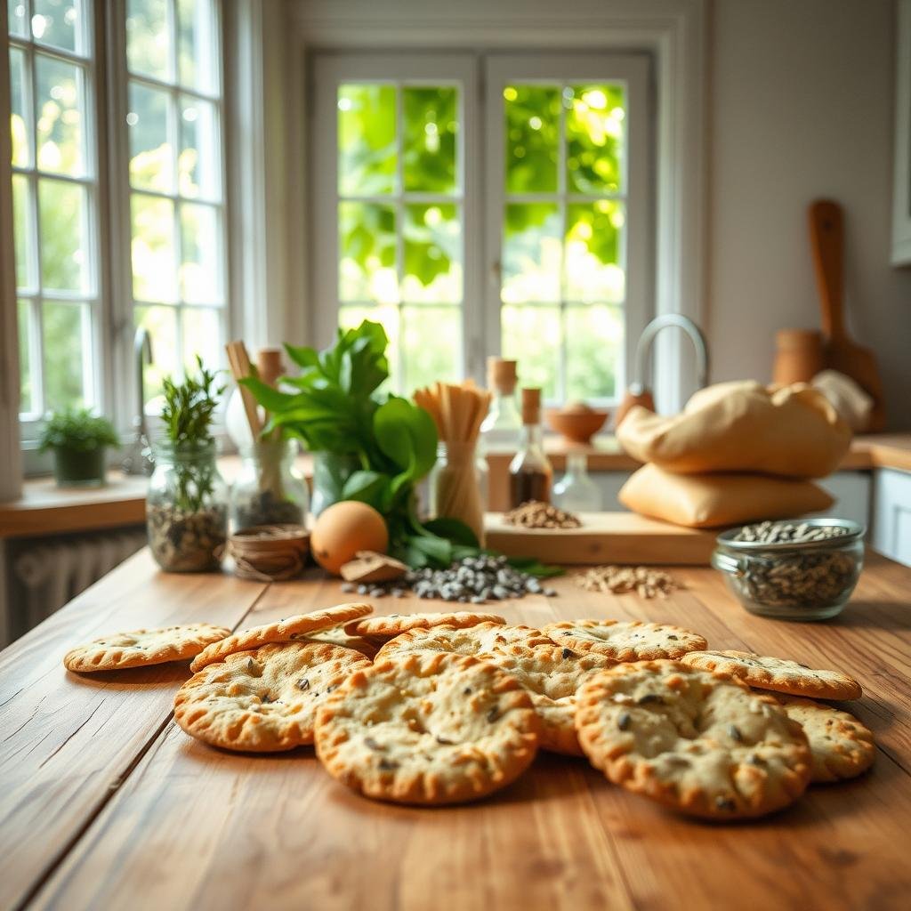 A bright, airy kitchen setting featuring a wooden table with freshly baked sourdough crackers arranged in the foreground. In the middle ground, various sourdough discard ingredients like herbs, spices, and seeds are neatly displayed. The background showcases a window overlooking a lush, green garden, with natural light pouring in and casting a warm, soft glow on the scene. The overall atmosphere is one of simplicity, sustainability, and culinary creativity, highlighting the no-waste potential of sourdough discard recipes.