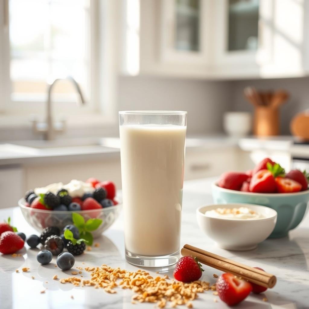 A bright and airy kitchen scene, with a central focus on a glass of acidophilus milk set atop a marble countertop. Surrounding the glass, an assortment of healthy ingredients such as fresh berries, yogurt, granola, and a sprinkle of cinnamon. Soft, natural lighting filters in through a nearby window, casting a warm glow over the composition. The atmosphere is one of wellness and nourishment, inviting the viewer to explore the many delicious ways to incorporate this probiotic-rich milk into their daily routine.
