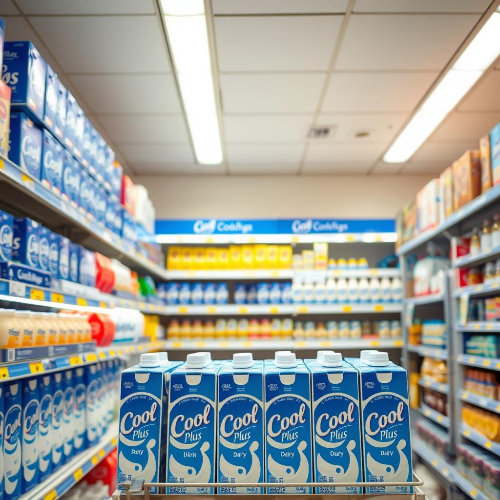 A bright, well-lit convenience store interior, with shelves stocked with a variety of dairy products. In the foreground, a prominent display of Cool Plus cultured dairy drinks, featuring their signature blue and white packaging. The shelves are neatly organized, with clear signage and labels. The lighting is warm and inviting, creating a clean, modern atmosphere. The camera angle is slightly elevated, providing a comprehensive view of the store layout and product selection. The overall scene conveys a sense of accessibility and availability, emphasizing the ease of finding and purchasing Cool Plus cultured dairy drinks.