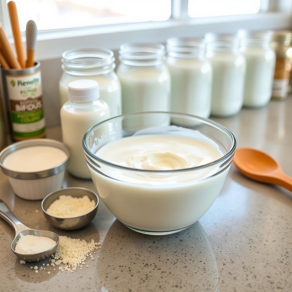 A bright, well-lit kitchen counter with a glass bowl filled with freshly made bifidus yogurt, surrounded by essential ingredients like milk, a probiotic culture, and a few kitchen tools like a whisk and a spatula. In the background, a row of glass jars containing the finished yogurt, ready to be enjoyed. The overall scene conveys a sense of homemade, healthful preparation, with a focus on the step-by-step process of creating this gut-friendly fermented dairy product.