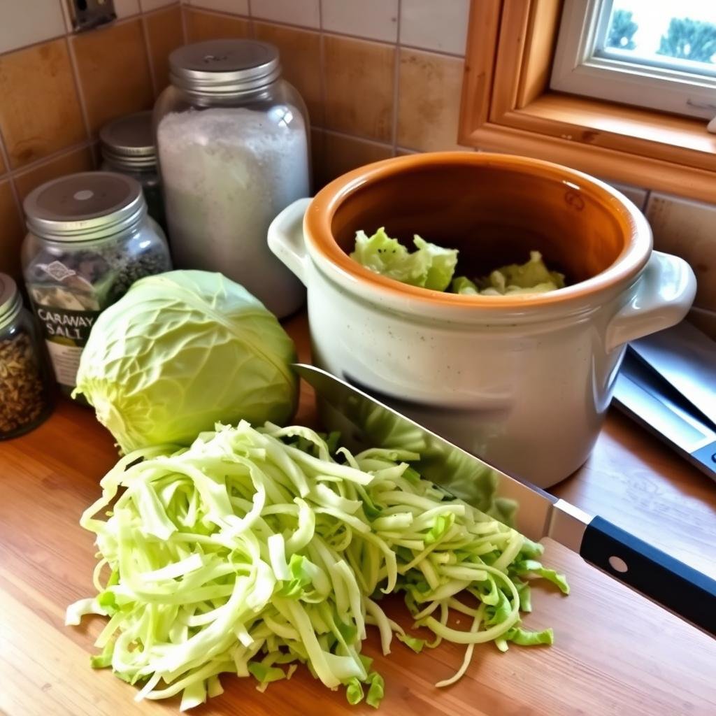A bright, well-lit kitchen counter with fresh green cabbage, a sharp knife, and a large ceramic crock. The cabbage is being sliced into thin strips, the blade gliding smoothly through the vegetable. Surrounding the crock are jars of salt, caraway seeds, and other spices used in traditional sauerkraut recipes. The counter is made of a light-colored wood, and the scene is bathed in warm, natural lighting from a nearby window. The overall mood is one of homey, rustic preparation, inviting the viewer to imagine the delicious, tangy flavors that will result from this time-honored process.