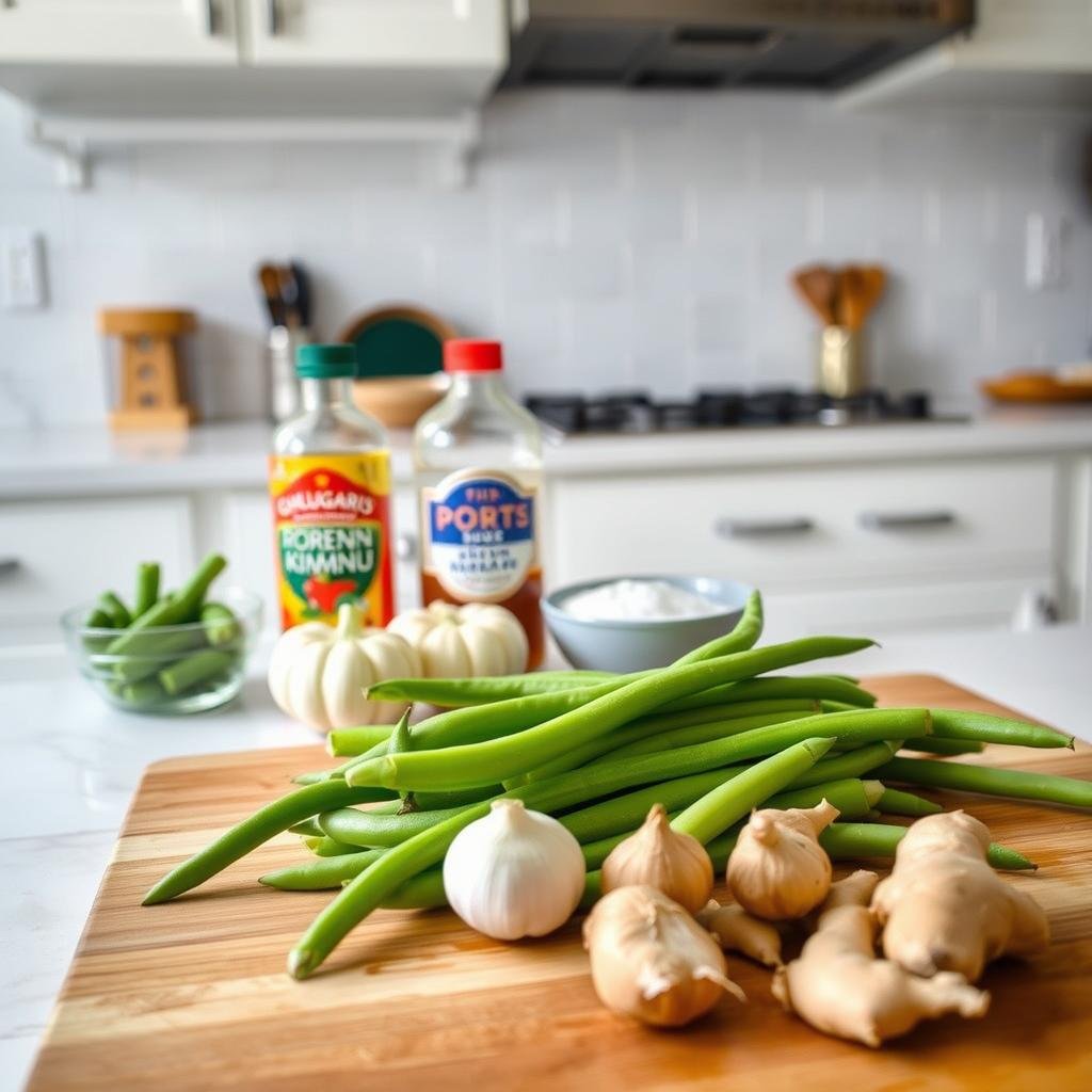 A bright, well-lit kitchen countertop with an array of ingredients for preparing traditional green bean kimchi. In the foreground, a woman's hands carefully arranging freshly washed green beans, garlic, and ginger on a wooden cutting board. Behind her, an assortment of traditional Korean kimchi ingredients such as gochugaru (Korean red chili pepper flakes), fish sauce, and sugar are neatly organized. The background features a clean, tidy kitchen with simple white cabinetry and tile backsplash, creating a soothing, focused atmosphere. The overall scene conveys a sense of attention to detail and care taken in the process of making this probiotic-rich Korean side dish.