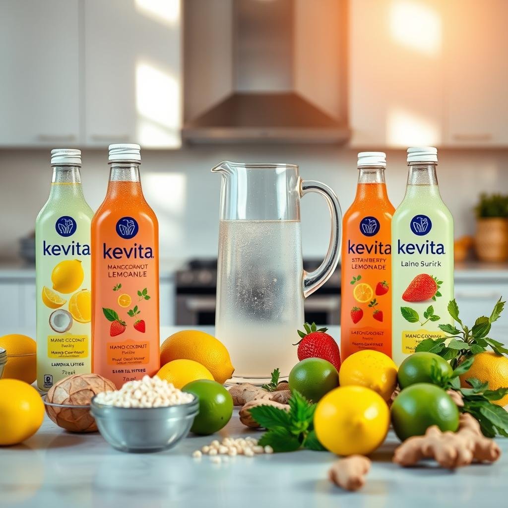 A bright, well-lit tabletop scene showcasing the key ingredients needed to make Kevita, a popular probiotic-rich sparkling beverage. In the foreground, glass bottles of Kevita's signature flavors such as Mango Coconut and Strawberry Lemonade stand prominently. Surrounding them are various whole fruits, herbs, and spices like lemons, limes, ginger, and mint, as well as a small bowl of active cultures. In the middle ground, a clear glass pitcher filled with the bubbly Kevita elixir takes center stage, while in the background, a sleek, minimalist kitchen counter provides a clean, modern backdrop. Warm, natural lighting from above casts a soft, inviting glow over the entire composition.