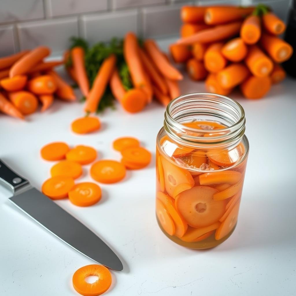 A brightly lit kitchen counter with an array of fresh carrots, a sharp knife, and a glass jar filled with a brine solution. Carrots are being carefully peeled, sliced, and packed into the jar, creating layers of vibrant orange discs. The scene has a sense of methodical precision, with the hands of the person preparing the carrots moving with focused attention. The jar's lid is slightly ajar, allowing the fermentation process to begin, releasing a subtle, earthy aroma. The overall atmosphere conveys a balance of culinary craft and natural, probiotic transformation.