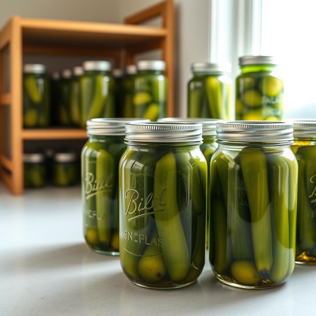 A clean, minimalist kitchen counter with a variety of glass jars filled with fermented dill pickles. The jars are arranged in rows, their lids gleaming under the soft, natural lighting from a nearby window. The pickles themselves are visible through the glass, their vibrant green hues and intricate textures suggesting a flavorful, probiotic-rich preservation process. In the background, a simple, wooden shelf holds additional jars, creating a sense of depth and organization. The overall scene conveys the storage and long-lasting shelf life of these carefully fermented dill pickles, ready to be enjoyed for their health benefits and delicious taste.