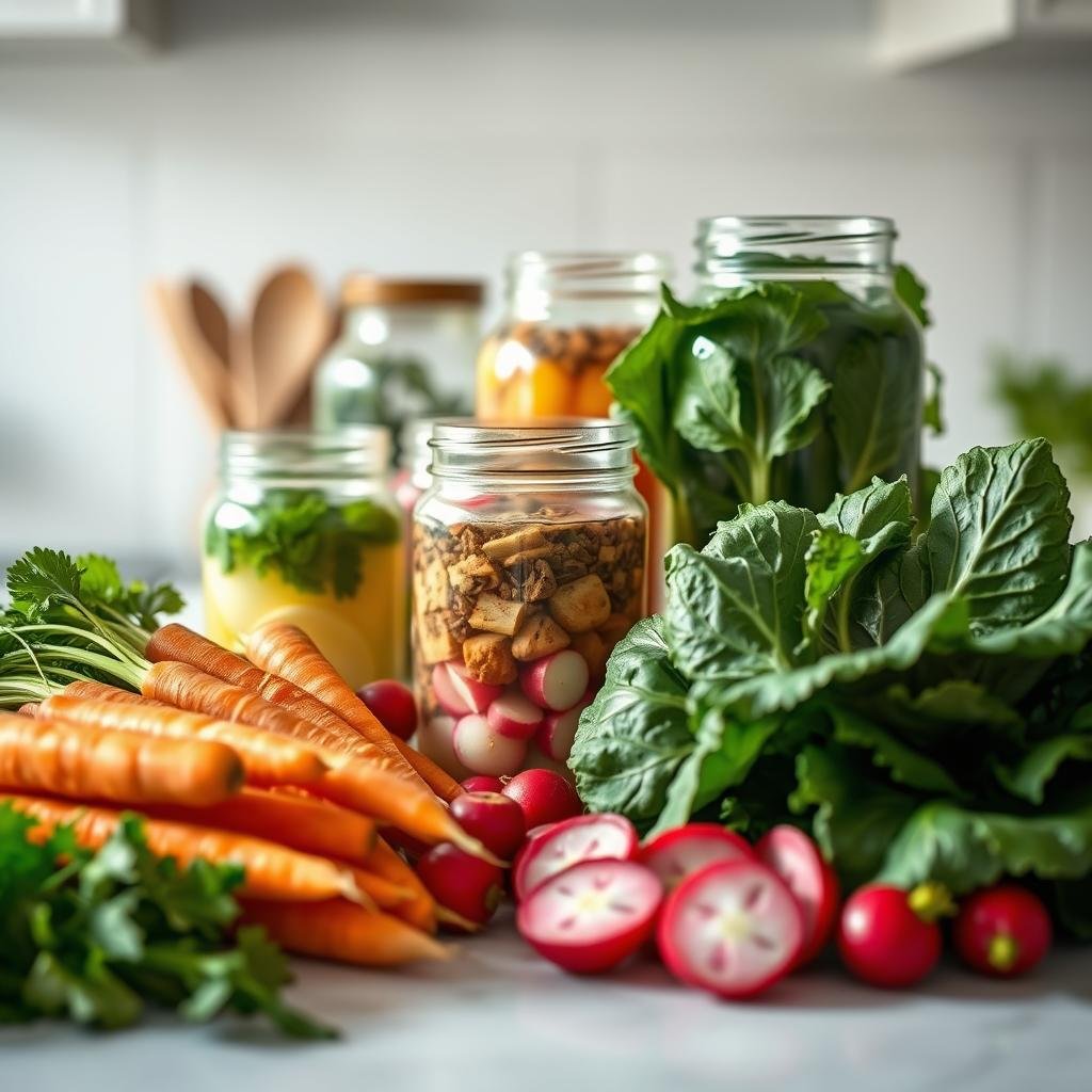 A clean, well-lit kitchen counter with an assortment of freshly washed vegetables ready for fermenting. In the foreground, hands carefully slice crisp carrots, juicy radishes, and leafy kale, arranging them in a composed display. In the middle ground, jars of various sizes stand at the ready, filled with brine and a selection of aromatic spices. The background is softly blurred, focusing the viewer's attention on the process of preparing these nutrient-rich ingredients. Warm, natural lighting casts a golden glow, highlighting the vibrant colors and textures of the produce. The overall mood is one of mindful preparation, as these vegetables are about to embark on their transformative journey into delicious, probiotic-rich ferments.