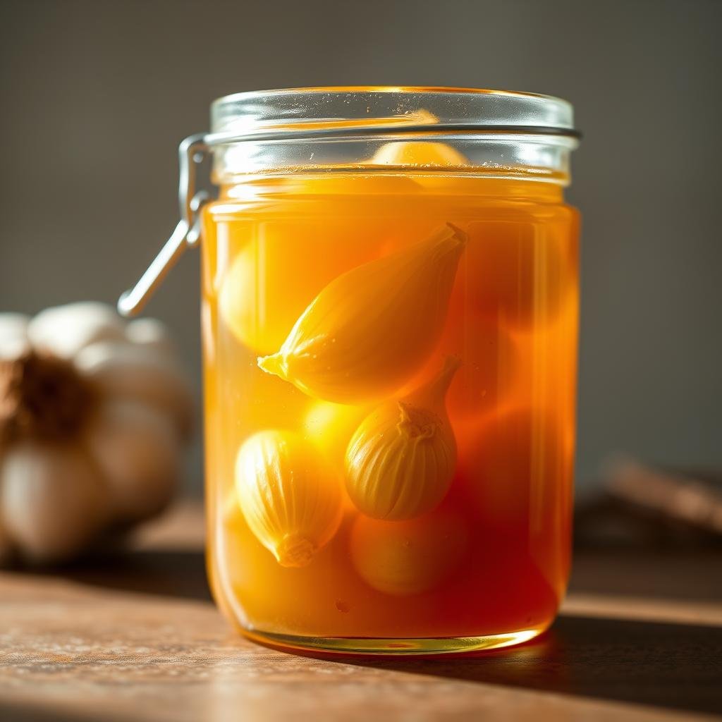 A close-up, macro photograph of a glass jar filled with viscous, golden-amber fermented garlic honey. Soft, natural lighting illuminates the jar's contents, highlighting the lush, translucent honey and the infused garlic cloves suspended within. The jar's surface reflects the light, creating a lustrous, almost ethereal glow. The background is a muted, earthy tone, placing the focus entirely on the jar and its radiant, skin-nourishing contents. The image conveys a sense of purity, wellness, and the holistic benefits of this traditional, artisanal fermented elixir.