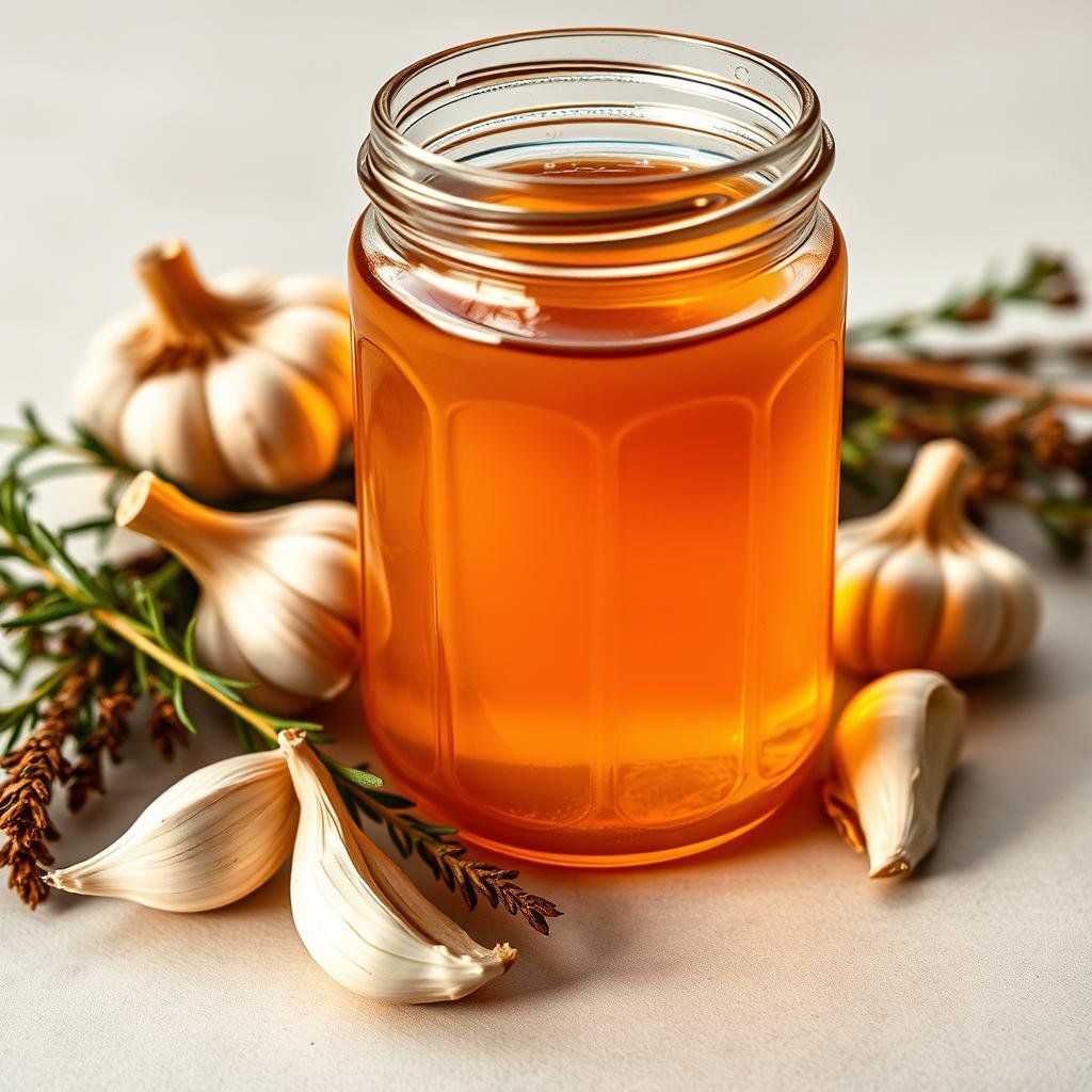 A close-up photograph of a glass jar filled with a golden, viscous liquid, surrounded by fresh garlic cloves and sprigs of aromatic herbs. The jar is illuminated from the side, casting warm, soft lighting that accentuates the rich, amber hue of the fermented garlic honey. The composition is arranged on a simple, neutral-colored surface, allowing the natural textures and colors to take center stage. The overall mood is one of natural wellness and the soothing, anti-inflammatory properties of this artisanal elixir.