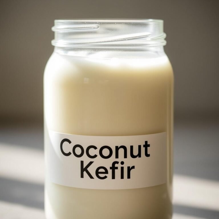 A close-up photograph of a glass jar filled with creamy, opaque coconut kefir. The beverage is captured in natural lighting, with a soft, diffused glow illuminating the jar's contents. The jar's label prominently displays the text "Coconut Kefir" in a bold, clean typeface. The background is blurred, creating a sense of depth and focus on the jar. The image conveys the rich, probiotic-infused nature of the coconut kefir, highlighting its potential health benefits for digestive wellness.