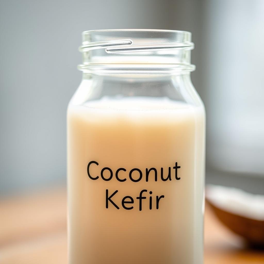 A close-up photograph of a glass jar filled with creamy, opaque coconut kefir. The beverage is captured in natural lighting, with a soft, diffused glow illuminating the jar's contents. The jar's label prominently displays the text "Coconut Kefir" in a bold, clean typeface. The background is blurred, creating a sense of depth and focus on the jar. The image conveys the rich, probiotic-infused nature of the coconut kefir, highlighting its potential health benefits for digestive wellness.
