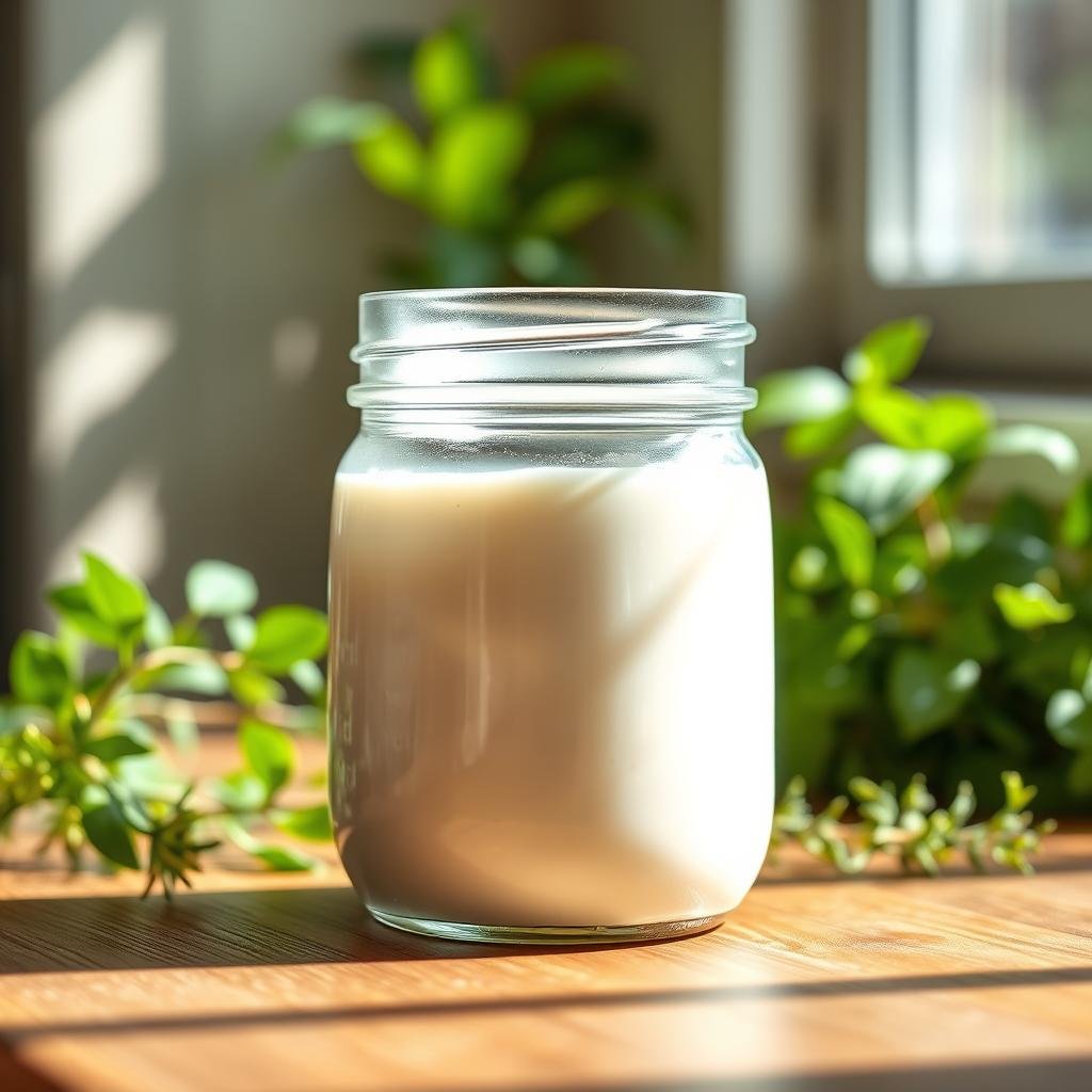 A close-up photograph of a glass jar filled with creamy, smooth yogurt, sitting on a wooden table. The yogurt has a slightly tangy aroma and a glistening, natural sheen. Sunlight filters in from a window, creating a warm, soft lighting that casts gentle shadows across the surface of the yogurt. In the background, lush, green plants and herbs are visible, symbolizing the natural and probiotic properties of the yogurt. The overall scene conveys a sense of balance, health, and the restorative power of this fermented dairy product.