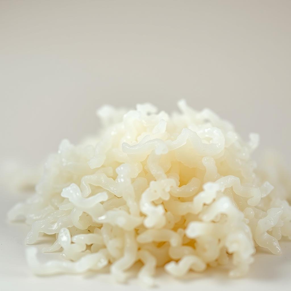 A close-up photograph of a pile of kefir grains, captured with a macro lens in soft, natural lighting. The grains are translucent and gelatinous, their irregular shapes and interconnected strands creating a captivating, organic texture. The foreground is in sharp focus, while the background is gently blurred, emphasizing the intricate details of the kefir. The image has a clean, minimalist composition, with a neutral, off-white background that allows the kefir grains to take center stage. The mood is one of scientific curiosity and appreciation for the natural world, inviting the viewer to explore the fascinating world of these living, fermentative cultures.