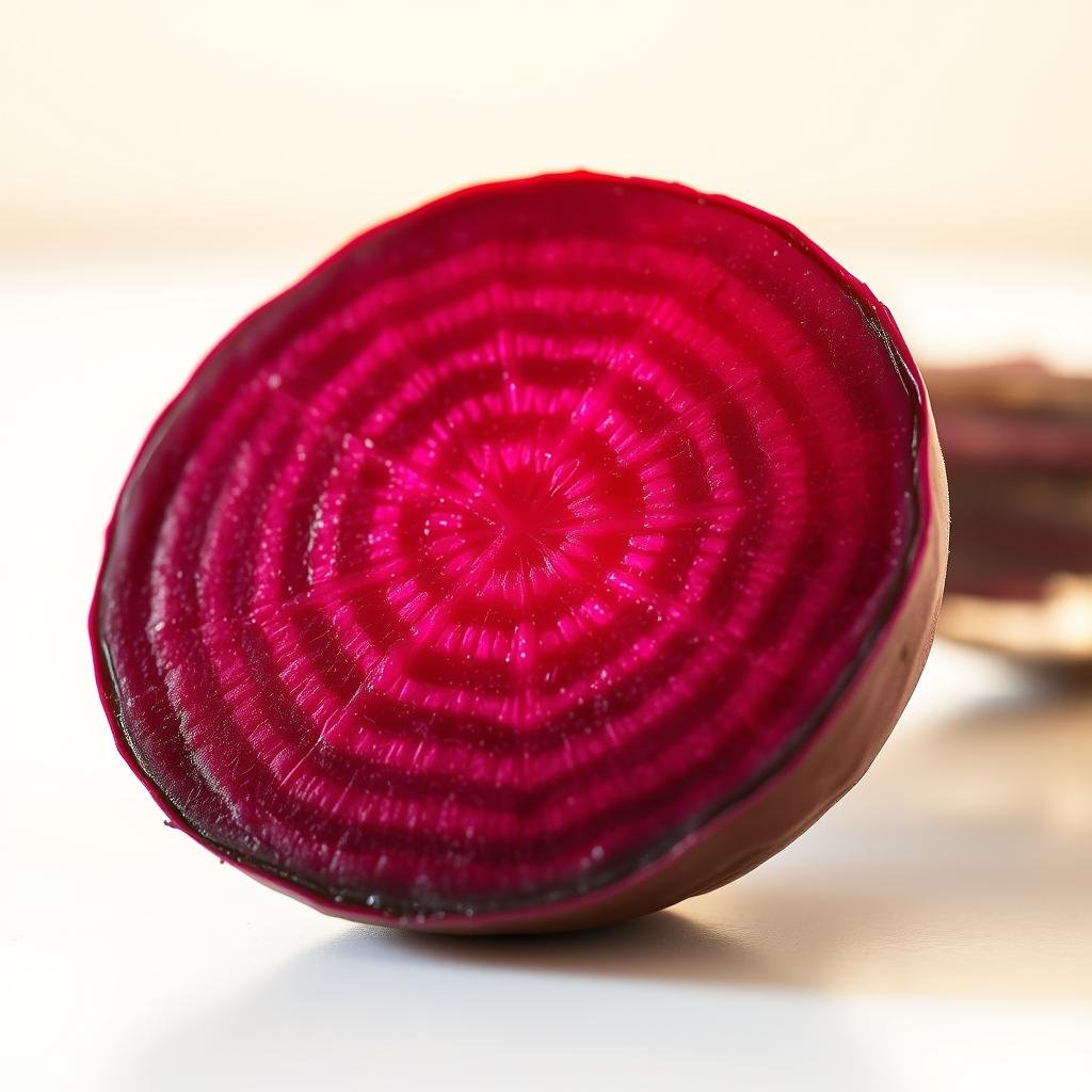 A close-up photograph of a vibrant, cross-sectional view of a freshly fermented beet, showcasing its vivid purple-red hue and intricate cellular structure. The beet is illuminated by warm, natural lighting, casting a soft, golden glow across the surface. The image is captured at a slightly elevated angle, allowing the viewer to appreciate the beet's nutrient-dense, probiotic-rich interior. The background is a clean, minimalist surface, ensuring the beet's visual prominence and emphasizing its nutritional content.