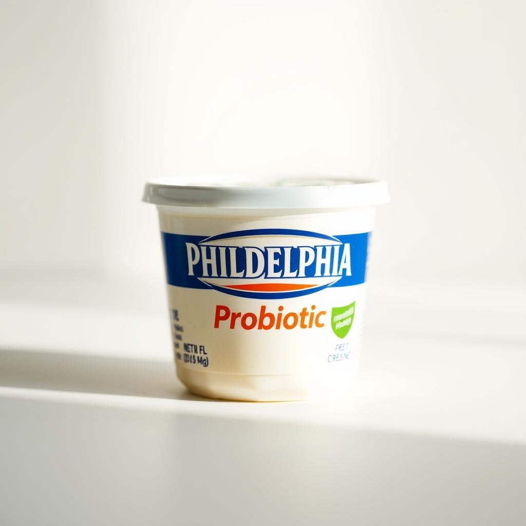 A close-up shot of a Philadelphia cream cheese container, its label prominently displaying the word "Probiotic" against a soft, diffused background. The container is positioned on a clean, minimalist surface, with subtle highlights accentuating its creamy, textured appearance. The lighting is gentle, creating a warm, inviting atmosphere that emphasizes the dairy-based nature of the product. The composition focuses on the probiotic claim, conveying a sense of health and wellness associated with the cream cheese. The overall image aims to illustrate the role of lactic acid bacteria in the production of this dairy product.