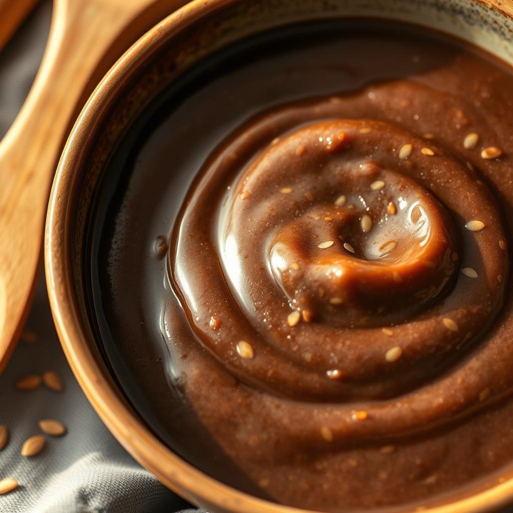 A close-up shot of a bowl filled with rich, glossy fermented soybean paste, the surface glistening with a slight sheen. The paste has a deep, earthy brown color with flecks of lighter beige and a smooth, creamy texture. Surrounding the bowl are wooden utensils, a cloth napkin, and a sprinkle of toasted sesame seeds, creating a rustic, artisanal atmosphere. Soft, warm lighting illuminates the scene, casting gentle shadows and highlighting the unique character of the miso. The image conveys the depth of flavor and nutritional benefits of this traditional Japanese ingredient, inviting the viewer to explore its role in nourishing gut health.