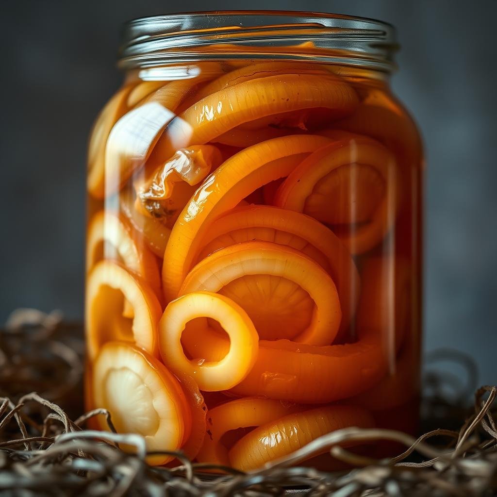 A close-up shot of a glass jar filled with fermented onion slices, illuminated by soft, natural lighting. The onions have a rich, golden-brown hue and appear plump and glistening, showcasing their fermented state. The jar's contents are nestled against a backdrop of earthy, muted tones, emphasizing the organic and wholesome nature of the fermentation process. The composition highlights the visual appeal of the fermented onions, inviting the viewer to appreciate their unique texture and flavor profile. The overall mood is one of health, vitality, and the rewards of traditional food preservation methods.