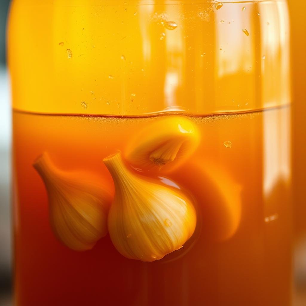 A close-up shot of a glass jar filled with golden, viscous fermented garlic honey, its surface reflecting the warm, soft lighting. In the foreground, a few whole garlic cloves and sliced segments float within the honey, their earthy hues contrasting with the rich amber liquid. The background is blurred, creating a sense of focus on the jar's contents. The composition highlights the rich, complex flavors and potential health benefits of this fermented elixir, particularly its ability to positively impact cholesterol levels.