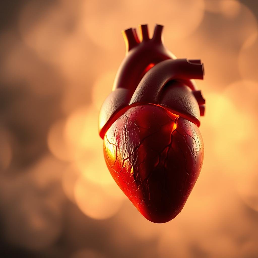 A close-up shot of a healthy, vibrant human heart pulsating against a softly blurred background. The heart is rendered in realistic detail, its intricate chambers and valves clearly visible, bathed in a warm, golden glow that suggests vitality and life force. The surrounding space is tranquil and serene, with a subtle haze or mist creating a sense of depth and atmosphere. The lighting is natural and directional, casting subtle shadows that accentuate the heart's intricate structure. The overall mood is one of calm, reassurance and the celebration of the heart's crucial role in sustaining health and well-being.