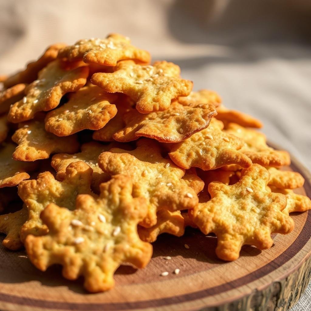 A close-up shot of a pile of golden brown sourdough discard crackers, artfully arranged on a rustic wooden board. The crackers are lightly dusted with a sprinkle of sesame seeds, their irregular shapes and textures capturing the homemade nature of the dish. The lighting is soft and natural, casting gentle shadows that accentuate the nooks and crannies of the crackers. In the background, a subtle gradient of earthy tones, perhaps a linen cloth or a simple neutral backdrop, provides a clean and minimalist setting to showcase the nutritional sourdough discard. The overall mood is one of simplicity, wholesome goodness, and the flavorful benefits of repurposing sourdough waste.