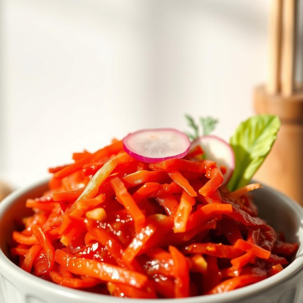 A close-up shot of a vibrant bowl of homemade kimchi, its vivid red hues and glistening textures contrasting against a minimalist, light-colored background. The kimchi is arranged artfully, with thin slices of fresh cabbage leaves, crisp radish, and fragrant garlic and ginger accents. The lighting is soft and natural, casting gentle shadows that accentuate the dish's enticing visual appeal. The overall mood is one of health, wellness, and the probiotic power of this traditional Korean fermented food, perfectly encapsulating the benefits of incorporating kimchi into a weight management regimen.