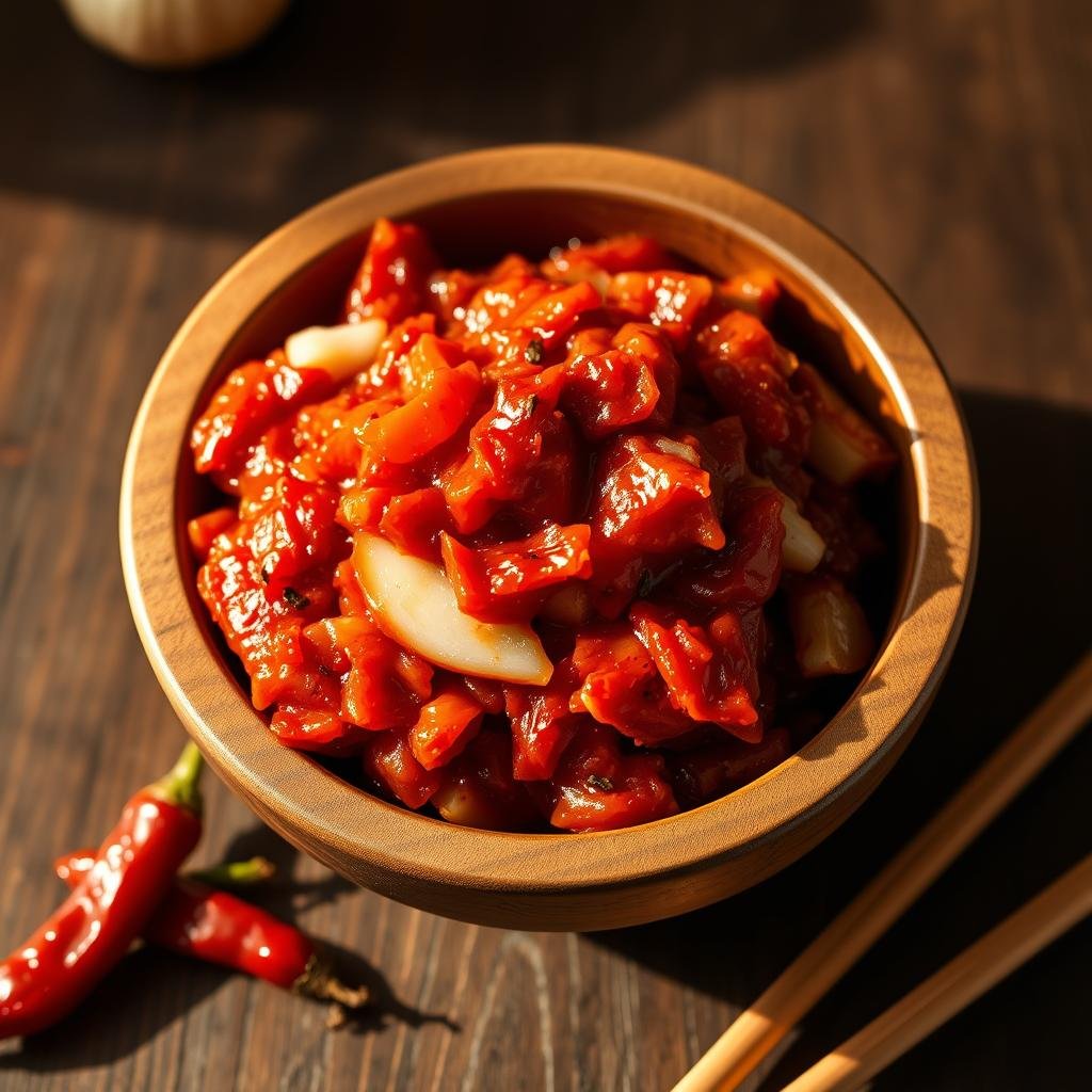 A close-up shot of a wooden bowl filled with a vibrant, crimson-colored kimchi paste. The paste is thick and chunky, with visible pieces of fermented cabbage, radish, and garlic. The lighting is warm and natural, casting subtle shadows that accentuate the texture and depth of the paste. The bowl is placed on a rustic wooden surface, surrounded by a few scattered Korean chili peppers and a pair of traditional wooden chopsticks, suggesting the homemade, authentic nature of the recipe. The overall mood is one of nourishment, tradition, and the vibrant flavors of Korean cuisine.