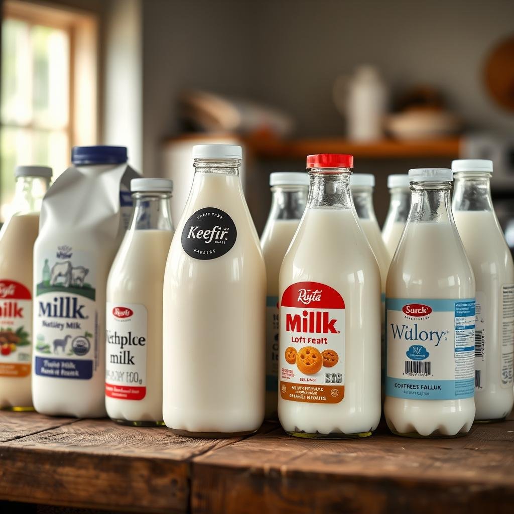 A close-up shot of various milk bottles and cartons arranged on a rustic wooden table, with a soft, natural lighting illuminating the scene. The bottles are filled with different types of milk, ranging from whole milk to low-fat and non-fat varieties, each with their own distinctive labels and branding. The background is blurred, keeping the focus on the milk products in the foreground. The overall atmosphere is warm, inviting, and showcases the diversity of milk options suitable for making homemade kefir, a fermented dairy drink.