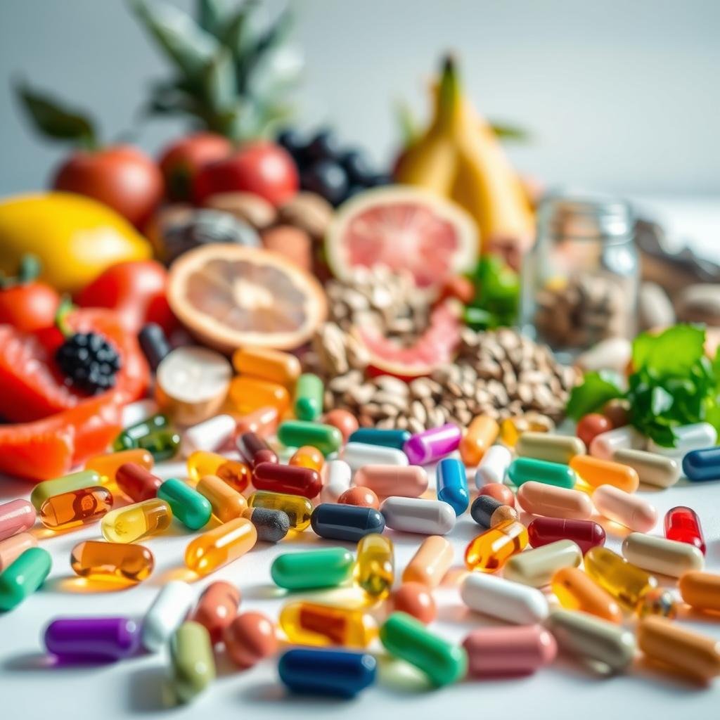 A close-up, still life shot of an assortment of vitamins and minerals in a bright, natural lighting setup. The foreground features various vitamin capsules, tablets, and softgels in a range of colors, arranged in an organized, aesthetic pattern. The middle ground showcases a selection of whole food sources of vitamins and minerals, such as fresh fruits, vegetables, nuts, and seeds. The background is a clean, minimalist surface, allowing the vibrant colors and textures of the vitamins and minerals to take center stage. The overall mood is one of health, wellness, and the bountiful nutritional benefits of a balanced diet.