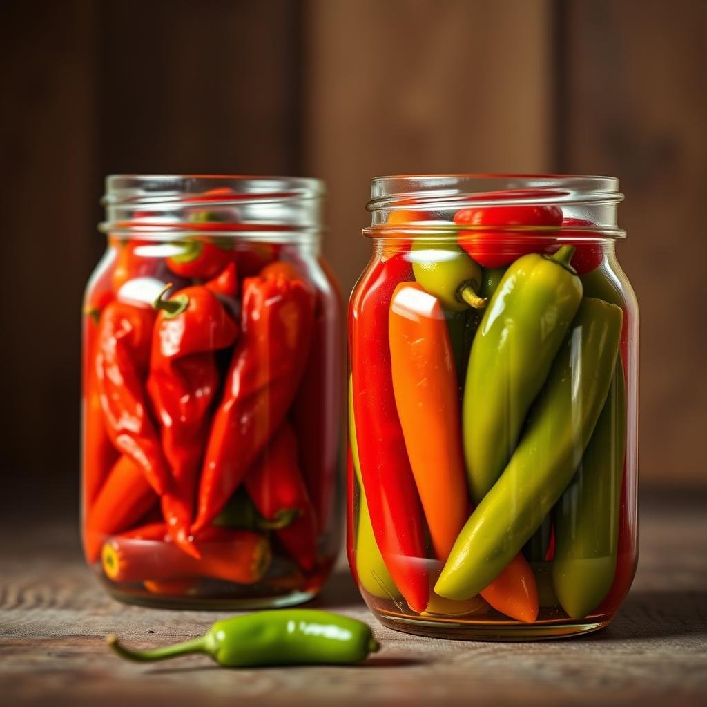 A close-up still life shot of two glass jars filled with different types of fermented and pickled chili peppers. The jar on the left contains bright red, wrinkled fermented peppers, while the jar on the right holds smooth, bright green pickled peppers. The jars are placed on a rustic wooden surface, illuminated by warm, natural lighting from the side. The image has a depth of field that keeps the jars in focus, with a softly blurred background. The overall mood is one of culinary intrigue, highlighting the visual differences between these two preserved pepper varieties.