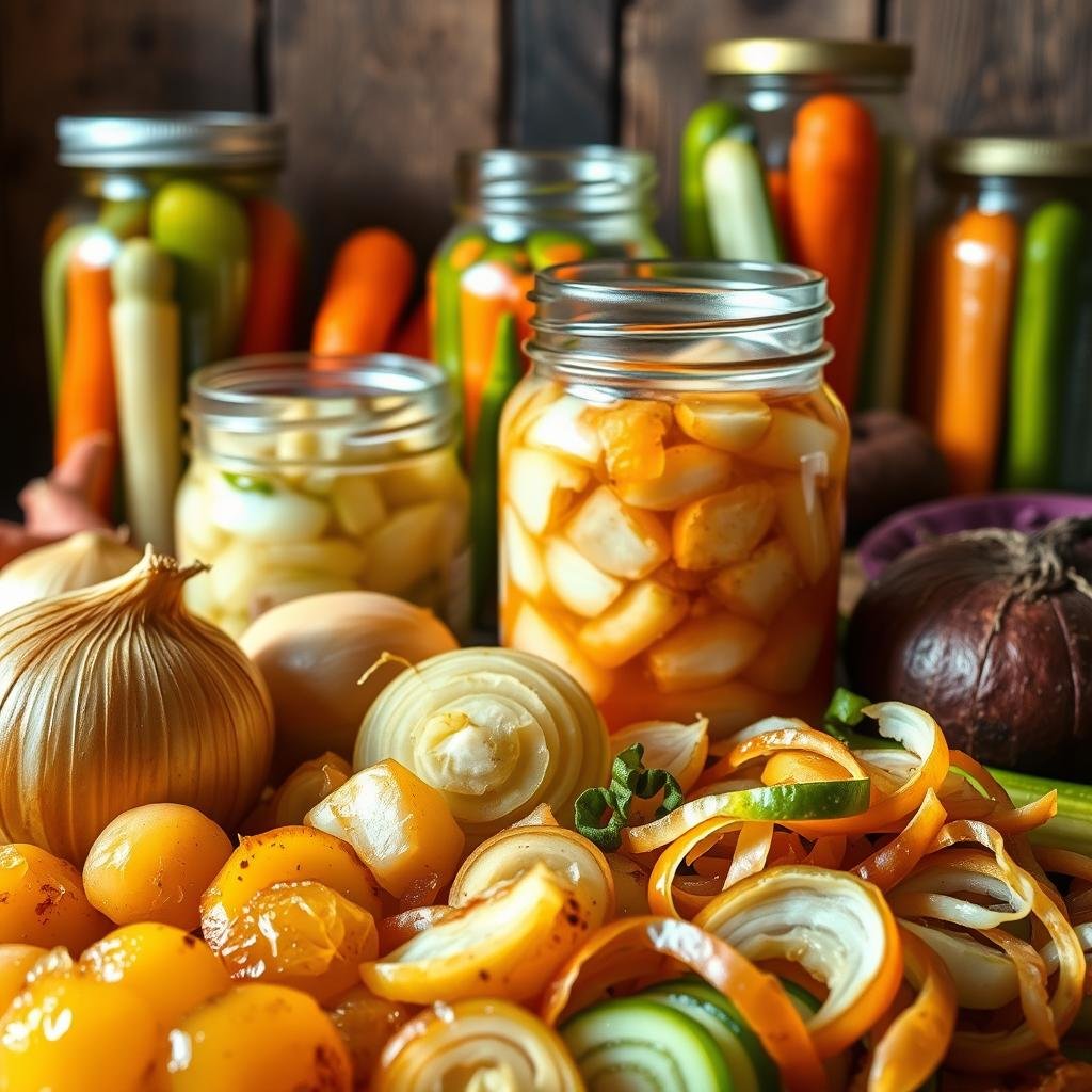 A close-up still life showcasing an assortment of fermented and non-fermented pickled vegetables, illuminated by warm, natural lighting. In the foreground, a selection of vibrant pickled onions, some with a golden hue and bubbly texture, contrasted with crisper, greener non-fermented onion slices. In the middle ground, jars of pickled carrots, cabbage, and cucumbers, some with visible fermentation bubbles, others with a more uniform, translucent appearance. The background features a rustic wooden surface, perhaps a weathered table or cutting board, adding depth and texture to the scene. The overall composition emphasizes the visual differences between the two types of preserved produce, inviting the viewer to explore the nuances of fermentation and its impact on the final products.