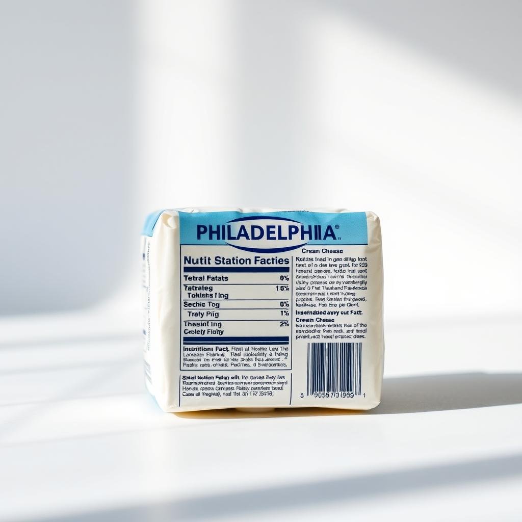 A close-up view of a Philadelphia cream cheese package, showcasing its nutritional information in a clear and legible manner. The package is placed on a clean, minimalist background, gently illuminated by soft, natural lighting from the side, casting subtle shadows that add depth and dimension to the scene. The packaging is presented at a slight angle, allowing the viewer to clearly see the detailed nutritional facts and ingredient list. The overall mood is informative and straightforward, conveying the importance of understanding the health implications of this dairy product.