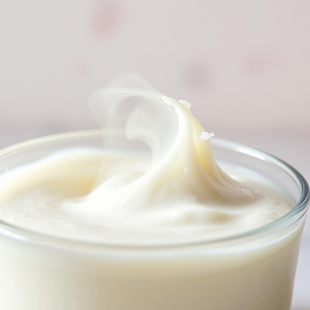 A close-up view of a creamy, white substance undergoing fermentation, with subtle bubbles and a slight separation of phases. The foreground features a translucent container filled with the substance, illuminated by soft, diffused lighting from the side. The middle ground depicts the fermentation process, with a hazy, swirling effect and a slight bluish tint, conveying the transformation of the lactose content. The background is blurred, with a muted, pastel-like palette, focusing the viewer's attention on the central process of lactose reduction in the cream cheese.