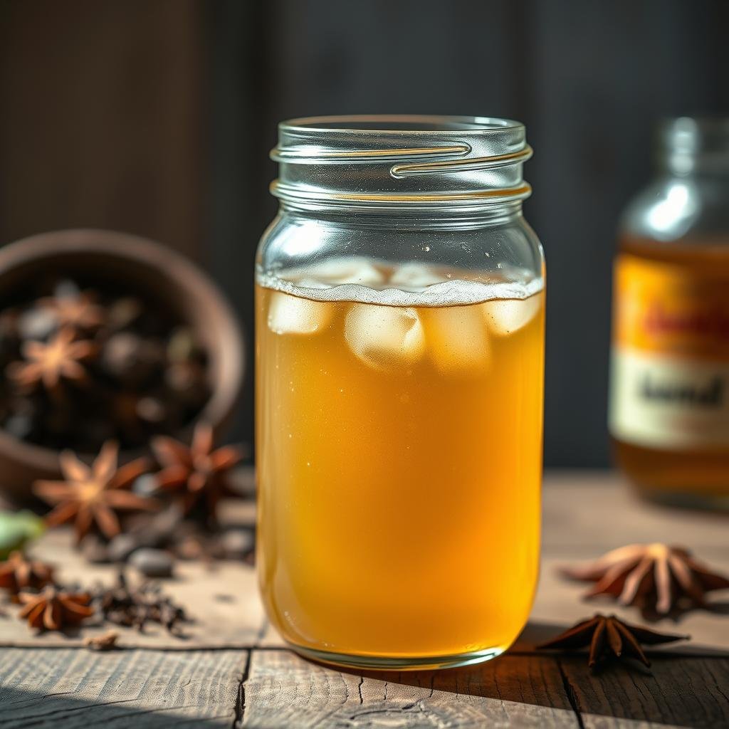 A close-up view of a glass jar filled with a bubbly, golden-hued kombucha liquid, showcasing the telltale signs of a successful fermentation process. The jar is positioned on a rustic wooden surface, illuminated by soft, natural lighting that casts a warm, inviting glow. Beads of carbonation dance along the surface, creating a visually captivating display. In the background, blurred silhouettes of tea leaves and spices subtly hint at the essential ingredients used in the kombucha-making process. The overall composition conveys a sense of artisanal craftsmanship and the satisfaction of a well-executed fermentation.