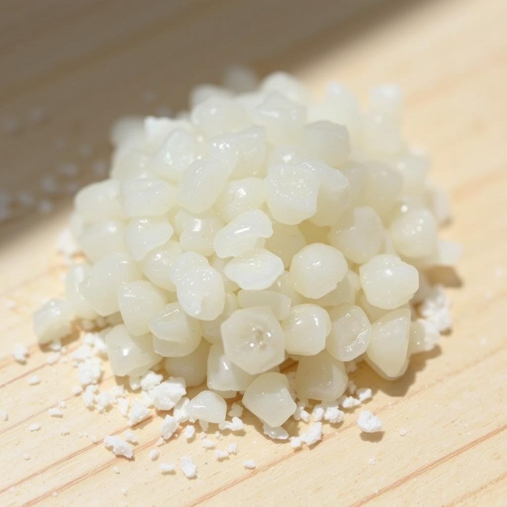 A close-up view of a handful of milk kefir grains, a symbiotic colony of bacteria and yeast, resting on a light wooden surface. The grains appear translucent, with a soft, gelatinous texture, nestled amidst a scattering of small white particles. The lighting is natural, casting gentle shadows that accentuate the intricate structures of the grains. The background is slightly blurred, drawing the viewer's attention to the delicate details of the kefir culture. The overall mood is one of curiosity and appreciation for the living, fermentative nature of these microscopic organisms.