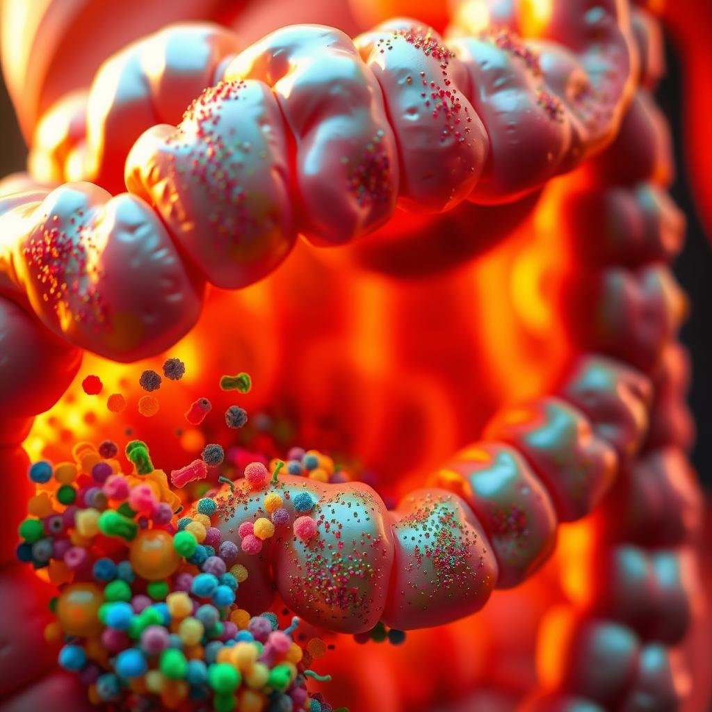 A close-up view of a healthy human gut, with vibrant colors and intricate details. The foreground showcases a diverse ecosystem of gut flora, represented by colorful, microscopic microorganisms thriving in a harmonious balance. The middle ground depicts the intestinal lining, with its delicate, semi-transparent tissue and absorptive villi structures. In the background, a soft, warm lighting illuminates the scene, creating a sense of inviting, soothing atmosphere. The overall composition conveys the notion of a well-functioning, resilient digestive system that supports overall gut health and wellbeing.