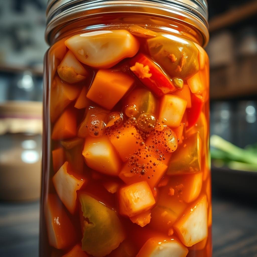 A close-up view of a jar filled with vibrant, fermented kimchi, revealing the intricate web of probiotic cultures within. The foreground showcases the kimchi's vivid colors, ranging from deep reds to earthy greens, with visible chunks of cabbage and radish. The middle ground focuses on the bubbling, effervescent liquid, hinting at the active fermentation process. In the background, a soft, warm lighting illuminates the scene, creating a cozy, rustic atmosphere reminiscent of a traditional Korean kitchen. The image conveys a sense of nourishment, wellness, and the ancient traditions that have made kimchi a beloved, probiotic-rich food.
