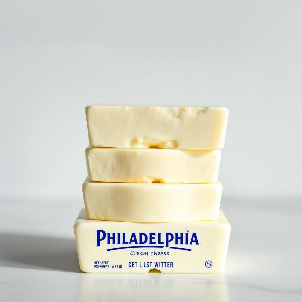 A close-up view of a stack of Philadelphia cream cheese blocks against a clean, bright background. The blocks are arranged in an appealing way, showcasing their rich, creamy texture. Soft, natural lighting illuminates the scene, highlighting the product's vibrant white color and smooth surface. The focus is on the cream cheese, with the background slightly blurred to draw the viewer's attention to the main subject. The overall composition conveys a sense of quality, healthfulness, and the potential benefits of incorporating Philadelphia cream cheese into one's diet.