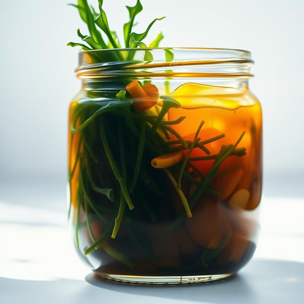 A close-up view of vibrant green seaweed, kelp, and other marine plants swirling in a glass jar filled with a rich, amber-colored miso paste. The jar is set against a bright, diffused light, casting soft shadows and highlighting the intricate textures of the ingredients. The overall scene conveys a sense of purity, vitality, and the health-promoting properties of the probiotic-rich miso. The composition is balanced, with the jar positioned slightly off-center to create visual interest. The image aims to visually communicate the beneficial, natural qualities of miso and its probiotic effects.