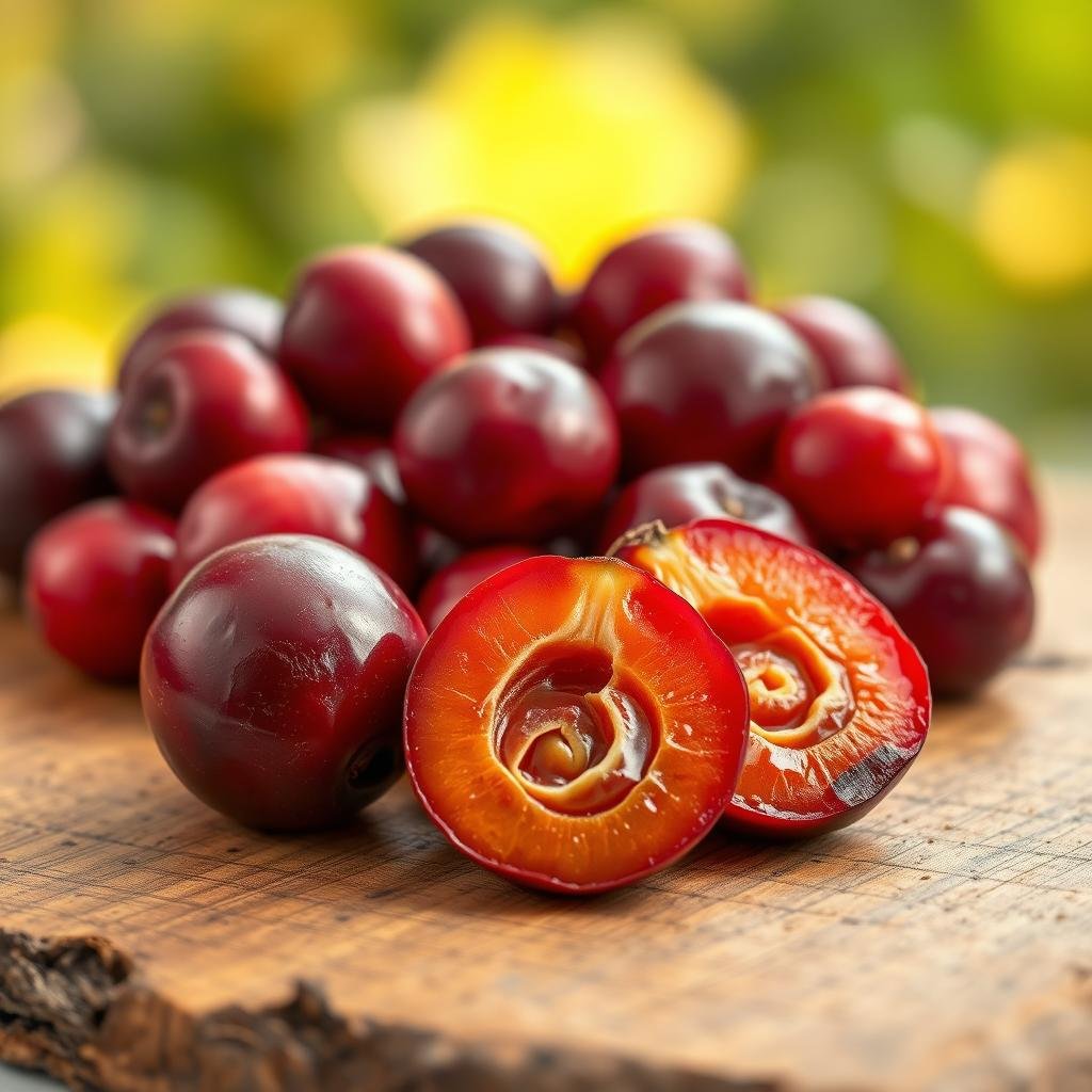 A cluster of vibrant umeboshi plums, their deep crimson skins glistening under warm, diffused lighting. In the foreground, a single plum is cut in half, revealing its rich, amber-hued flesh and the intricate spiraling pit at its core. The middle ground features a scattering of the plums, their deep purples and reds complemented by the earthy tones of a rustic wooden surface. In the background, a soft blur of natural greens and browns hints at the lush, verdant environment from which these antioxidant-rich fruits were harvested. The overall composition exudes a sense of vitality, reflecting the potent health benefits of these remarkable Japanese plums.
