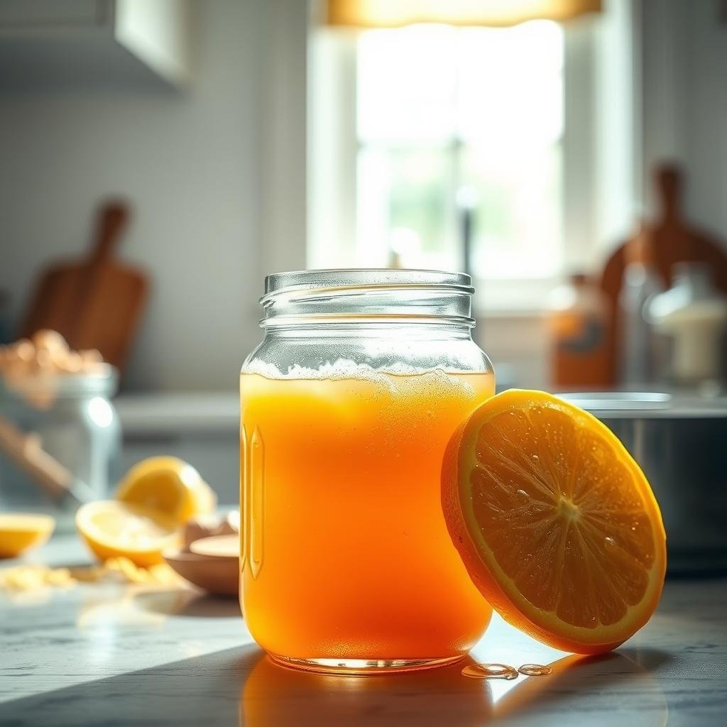 A cozy kitchen counter, illuminated by soft natural light filtering through a nearby window. In the foreground, a glass mason jar filled with a golden-hued kombucha brew, its effervescent surface gently bubbling. Resting next to it, a fresh SCOBY - a rubbery, disk-shaped symbiotic culture of bacteria and yeast - glistening with droplets of the fermented tea. The background features a few scattered ingredients, like fresh ginger, lemon slices, and a wooden spoon, hinting at the process of creating this nourishing elixir. The overall scene conveys a sense of homemade, artisanal wellness, inviting the viewer to imagine the satisfying ritual of brewing their first batch of kombucha.