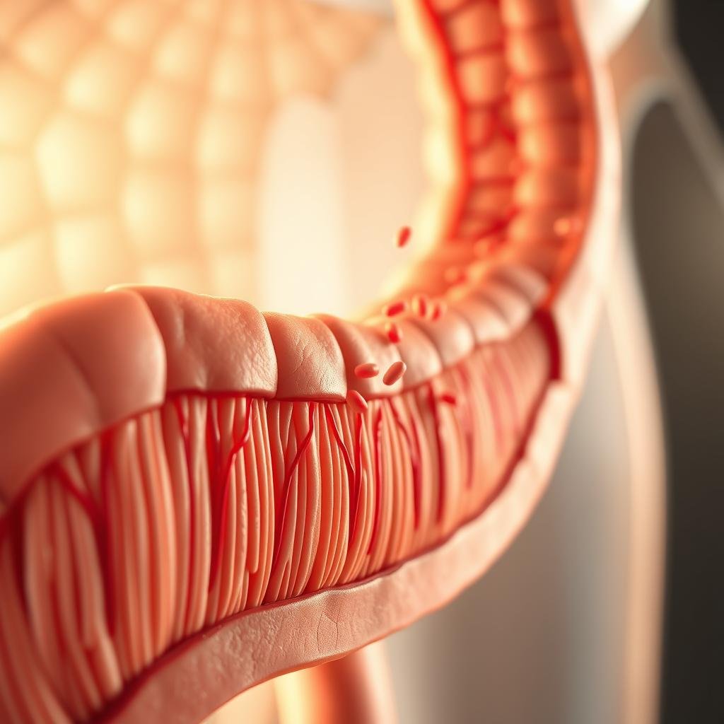 A cross-sectional view of the human digestive system, showcasing the process of nutrient absorption. In the foreground, villi lining the small intestine are prominently displayed, with intricate details of their finger-like projections and blood capillaries. The middle ground depicts the movement of nutrients, such as vitamins, minerals, and amino acids, being absorbed into the bloodstream. The background features a softly blurred representation of the intestinal wall, creating a sense of depth and emphasizing the focal point of nutrient absorption. The lighting is warm and natural, casting a gentle glow on the scene, conveying a sense of vitality and efficiency. The overall composition is clean, well-balanced, and designed to clearly illustrate the key aspects of this crucial physiological process.