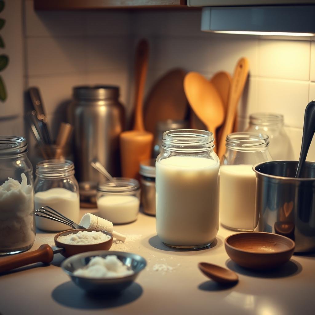 A dimly lit kitchen counter, the surface littered with various jars and utensils. In the foreground, a person intently examines a cloudy glass container, their brow furrowed in concentration. The contents of the jar appear to be a thick, off-white liquid - homemade kefir, the subject of their troubleshooting. Surrounding the scene, an array of ingredients and tools, hinting at the process of creating this fermented dairy product. The atmosphere is one of problem-solving, with a sense of determination and a desire to understand the subtle nuances of this homemade fermentation. The lighting is soft and warm, casting a natural glow over the scene, emphasizing the hands-on, homely nature of the task at hand.