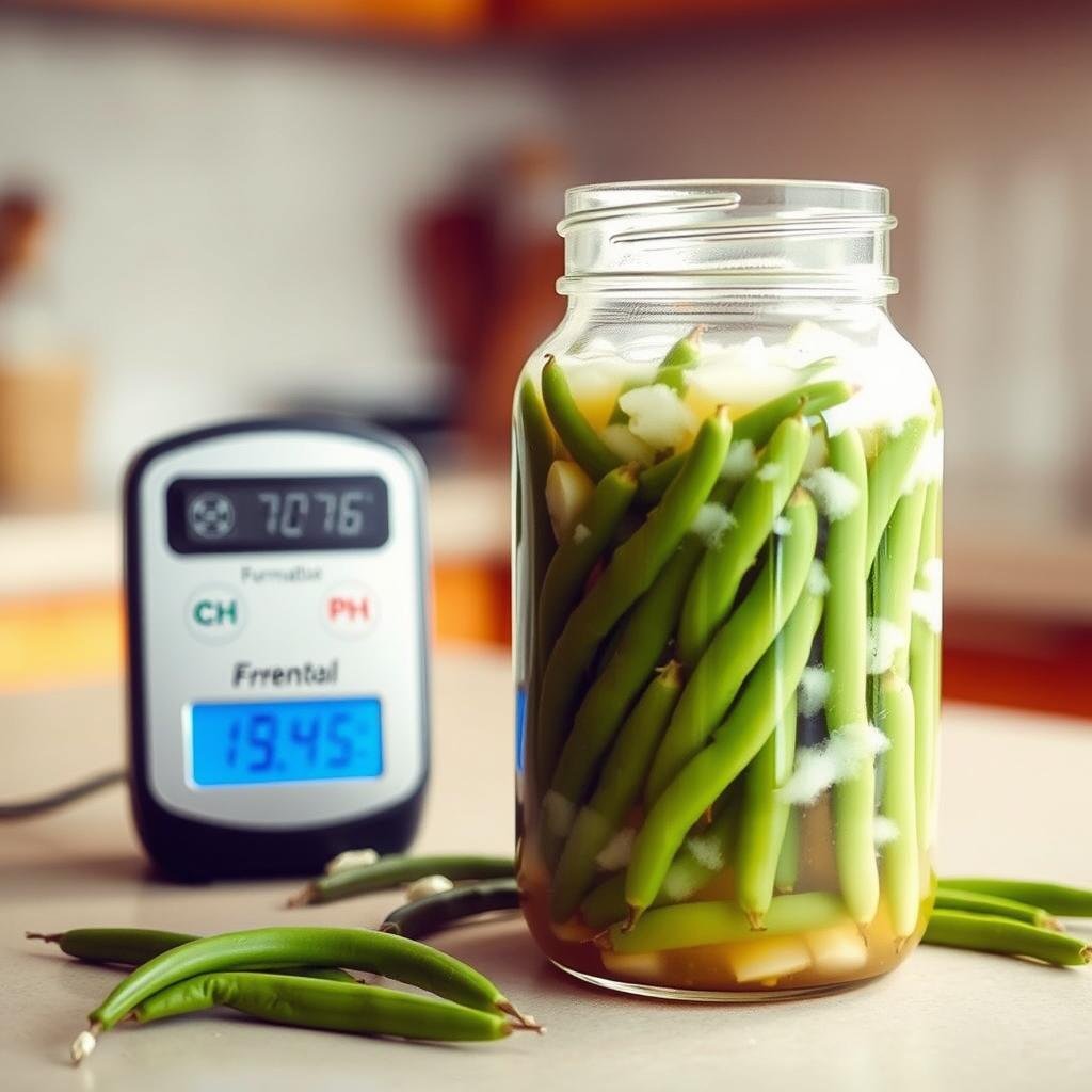 A dimly lit kitchen counter, with a glass jar filled with green beans in a cloudy brine. The jar is positioned in the foreground, with a digital fermentation monitor display showing the temperature and pH levels. In the middle ground, a pair of hands gently press down on the beans, ensuring they remain submerged. The background is blurred, creating a sense of focus on the fermentation process. The lighting is soft and warm, casting a subtle glow on the scene, conveying a sense of care and attention to the delicate task of monitoring the fermentation.