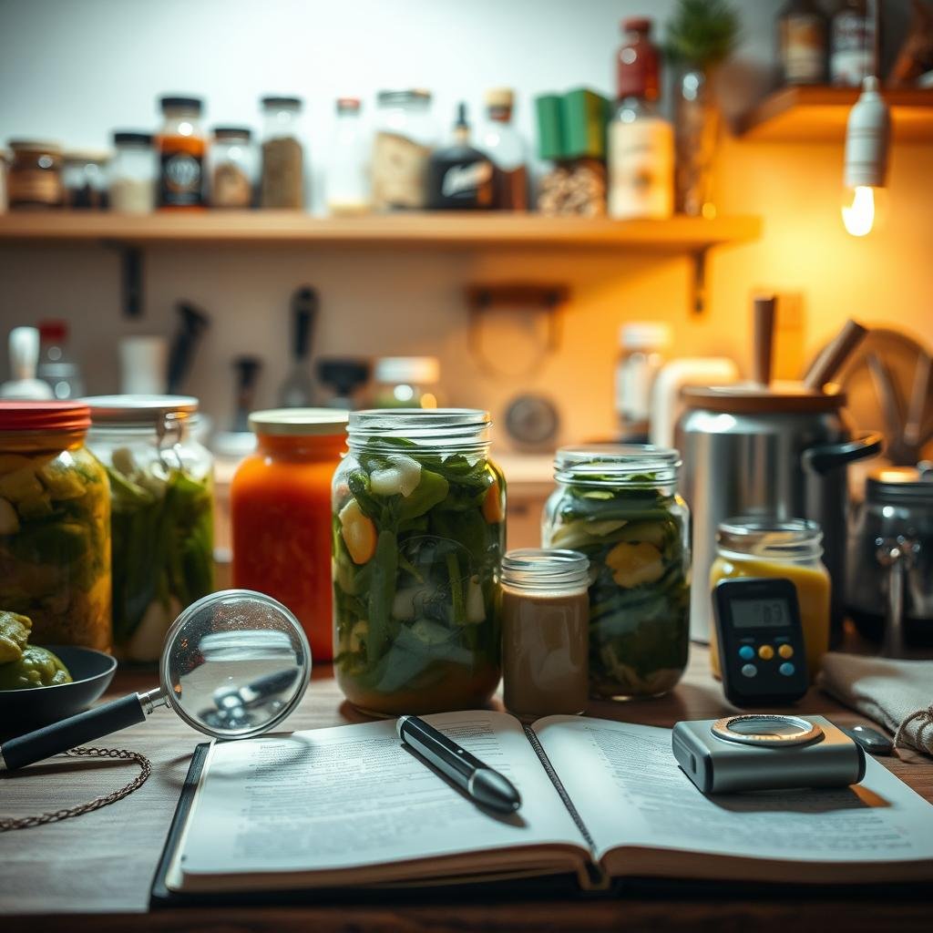 A dimly lit kitchen counter, with jars of fermenting vegetables and a variety of tools. In the foreground, a person's hands carefully examining the contents of a jar, a focused expression on their face. In the middle ground, a magnifying glass, a pH meter, and a notebook open, capturing observations. The background is blurred, but hints at the larger setup - shelves of spices, herbs, and other fermentation supplies. Soft, warm lighting illuminates the scene, creating an atmosphere of thoughtful problem-solving. The image conveys the process of troubleshooting a fermentation issue, with attention to detail and a scientific approach.