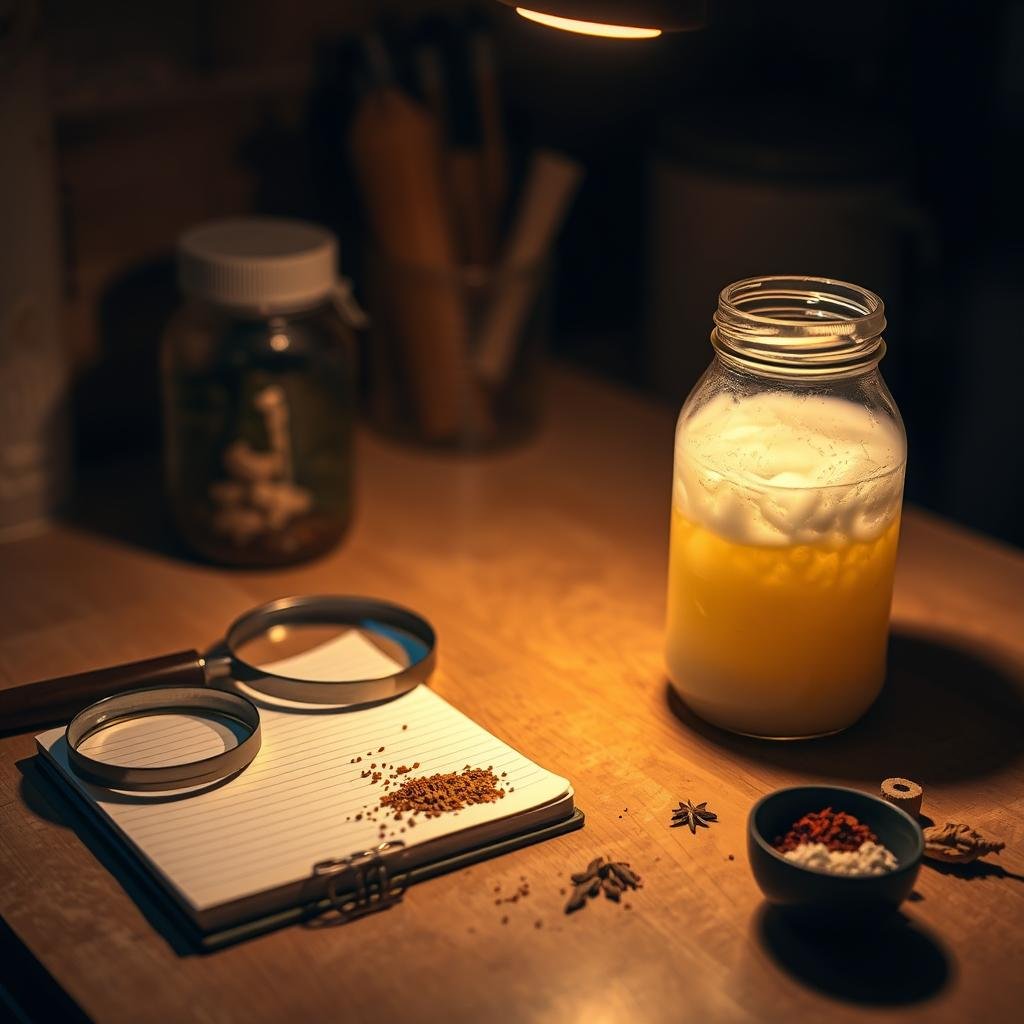 A dimly lit kitchen countertop, with a glass jar containing a cloudy, effervescent liquid - a troubled batch of homemade kefir. Beside it, a magnifying glass, a notebook, and a collection of spices and herbs, the tools of a kefir troubleshooter. The scene is bathed in a warm, golden glow, creating an atmosphere of concentration and problem-solving. The camera angle is slightly elevated, offering a birds-eye view of the setup, emphasizing the thoughtful, investigative nature of the task at hand.